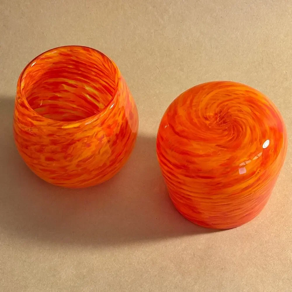 Orange Swirl Art Glass Cups Set of 2, Handblown, Halloween Fall Decor